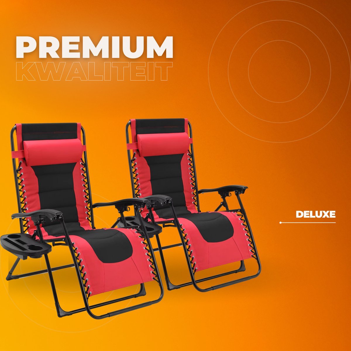 Gewatteerde Zero Gravity Lounge Chair Valora - Tuinstoel - Ligbed - Voor Terras & Tuin - Opvouwbare Fauteuil met Verstelbare Hoofdsteun en Bekerhouder - Ondersteunt Tot 160 kg - 2 stuks - Rood