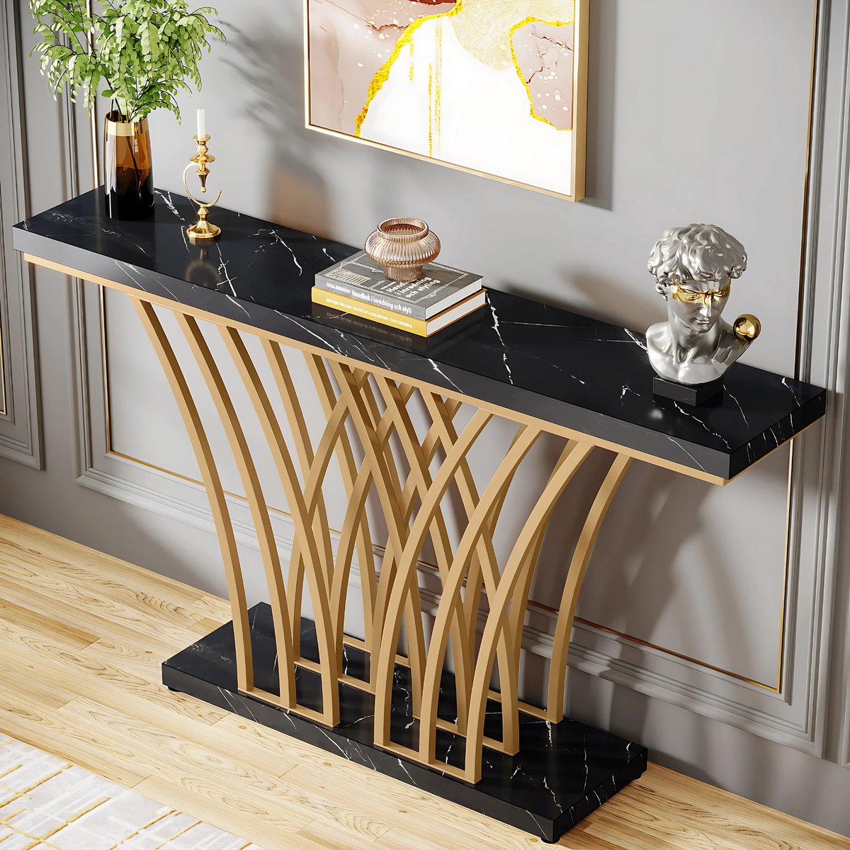 Consoletafel Luxery - 150cm - Sidetafel - Wandtafel - Haltafel - Zwart - Marmerlook - Voor Hal of woonkamer of Gang