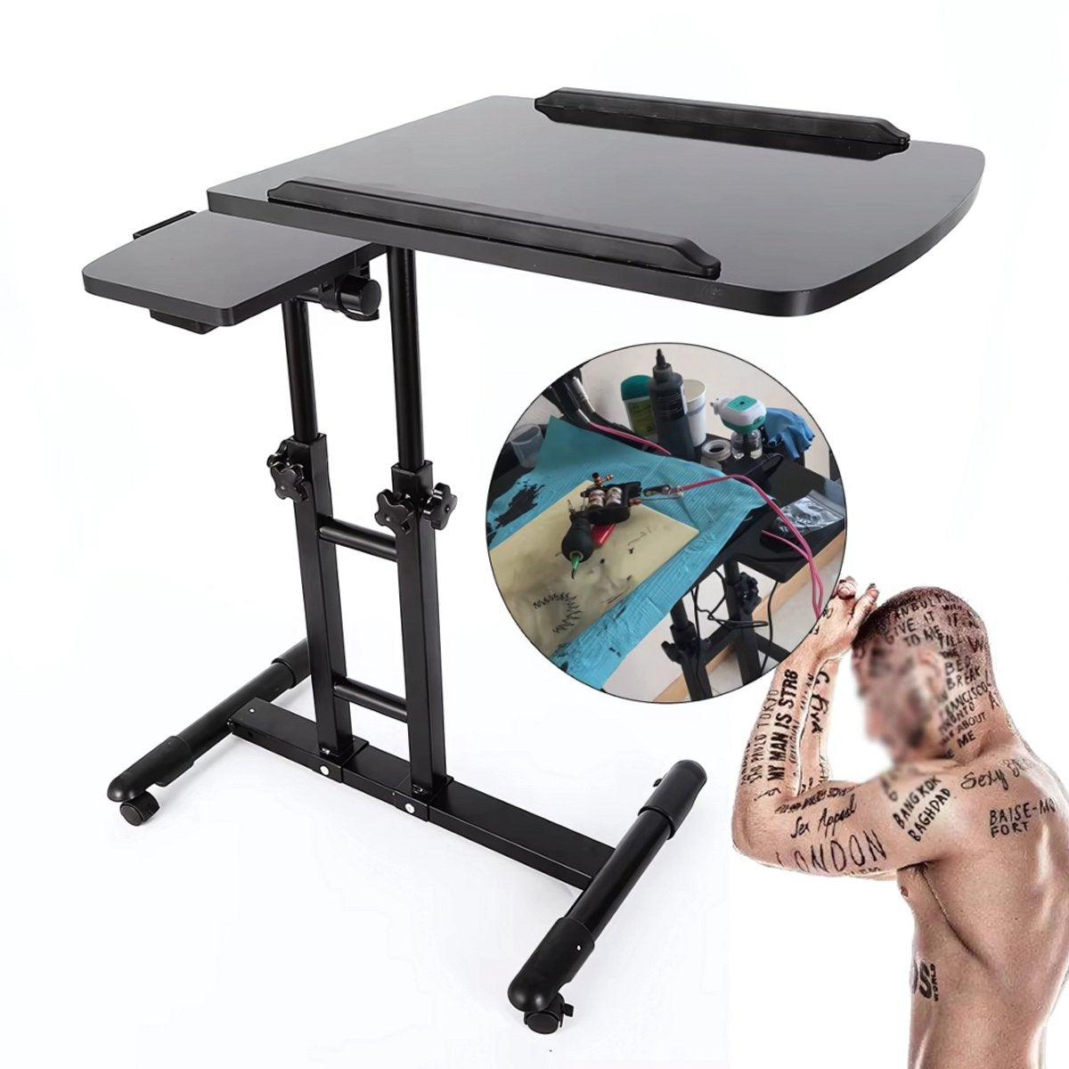 Mobiele Tattoo Werkbank - Werkstation - Tattootafel - Voor Tattoo Studio en Salon - In Hoogte Verstelbaar en Draagbaar Werkstation met Armsteun - Zwart