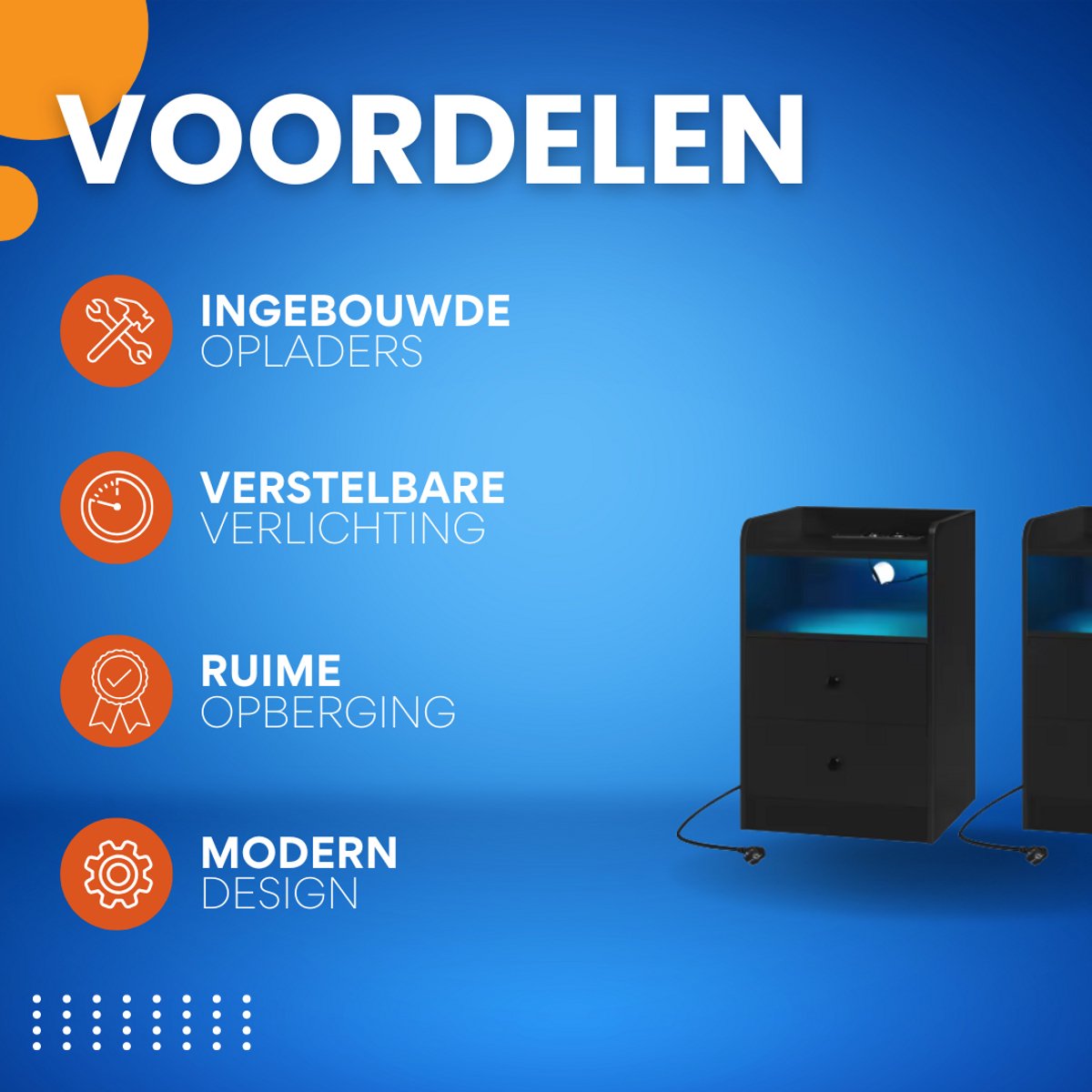 Nachtkast met RGB lichten - Zwart - Set van 2 - Slaapkamer - Met ingebouwde usb oplaadpoorten