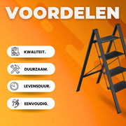 Huishoudtrap - Keukentrap - 4 treden - Ladder Aluminium - Opstapkruk met anitslip - Lichtgewicht - 150KG Belastbaar - Zwart