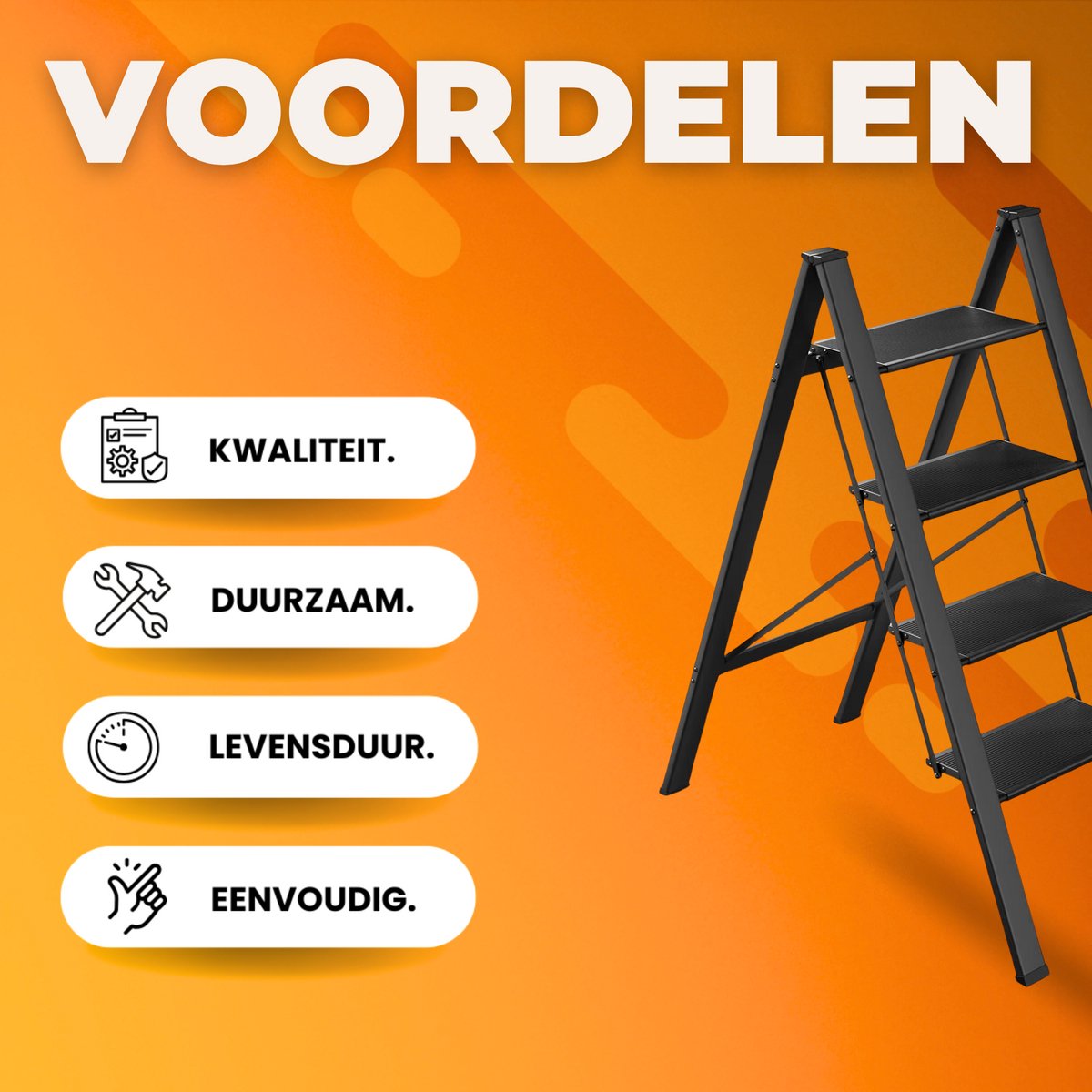 Huishoudtrap - Keukentrap - 4 treden - Ladder Aluminium - Opstapkruk met anitslip - Lichtgewicht - 150KG Belastbaar - Zwart
