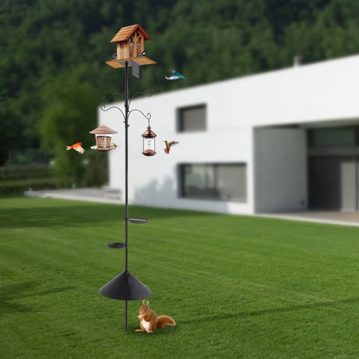 Vogelvoederpaal - Voederstation - met haakjes - Voor vogels voeren in de tuin - Verstelbaar met voederbakjes en eekhoornbestendige kraag - Metaal - Zwart