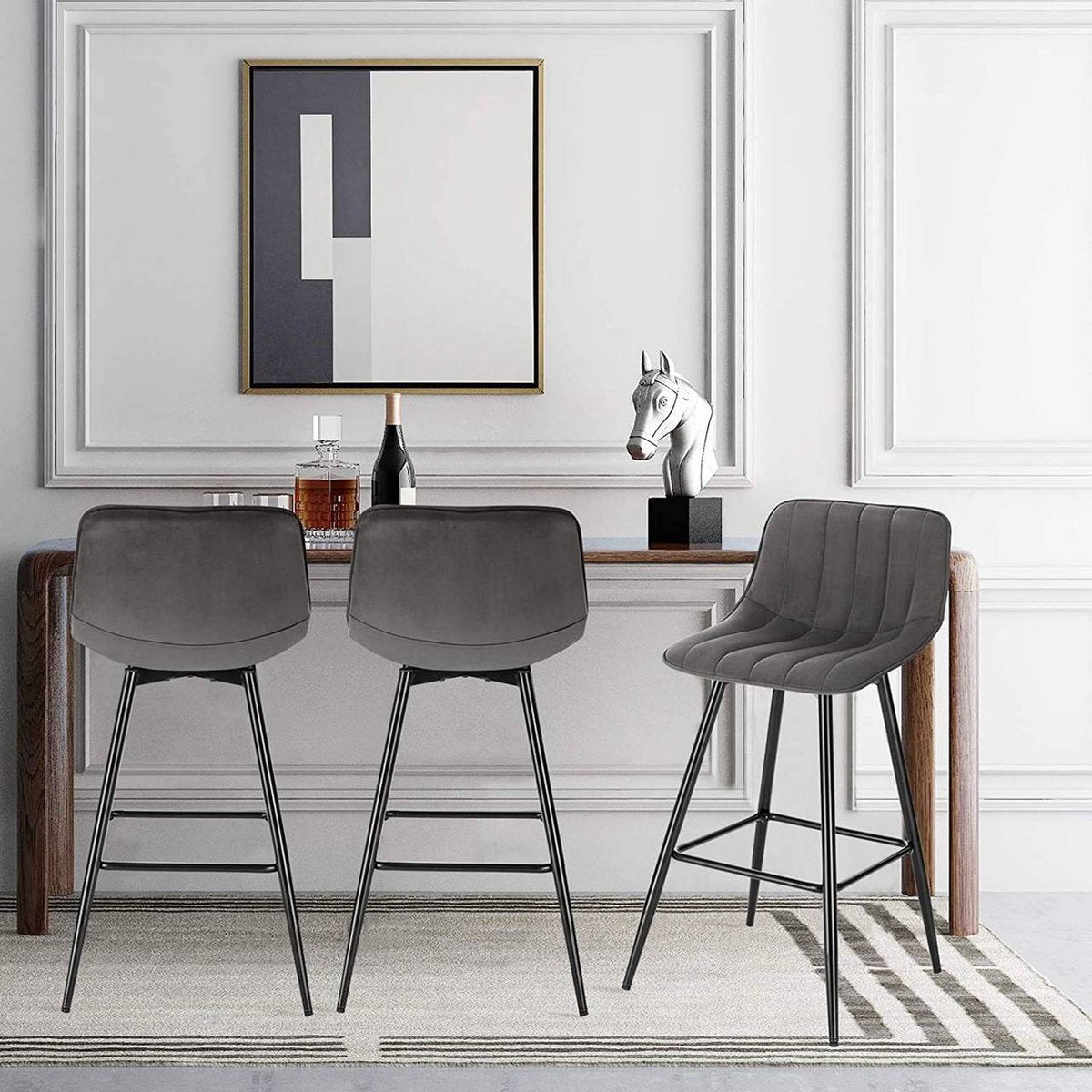 Luxe Barkurk Mambia - Industrial - Grijs - Barkrukken set van 1 - Barstoel Kruk - Barstoelen met rugleuning - Keukenstoel - Velvet