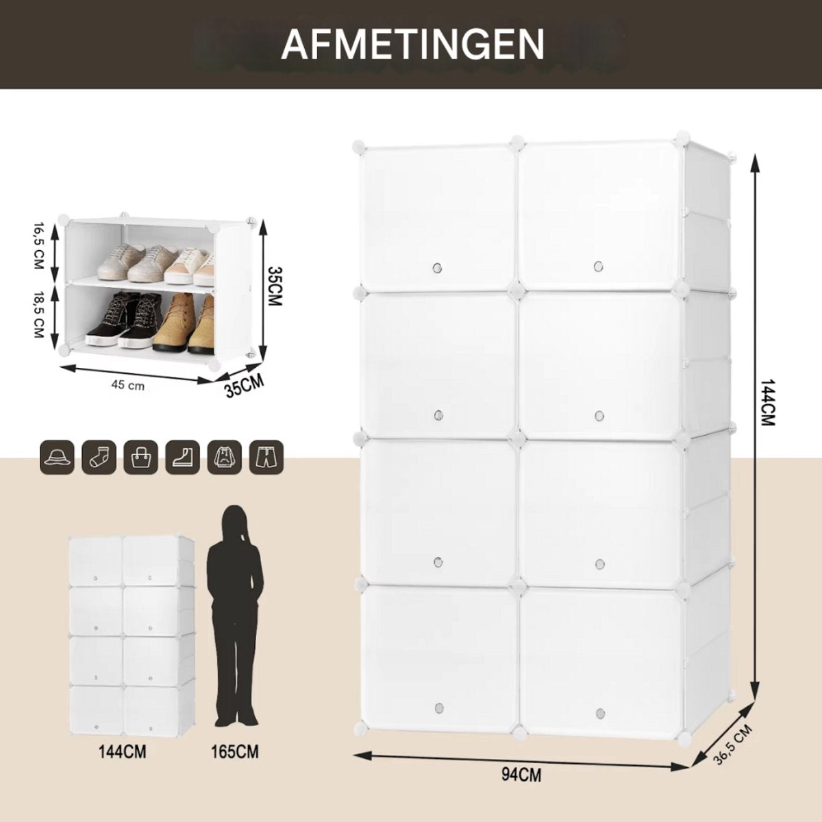 Schoenenkast - Voor Hal, Woonkamer of Slaapkamer - Schoenenrek met 8 Compartimenten - Ruimtebesparende Organizer - 92x142x36.5cm