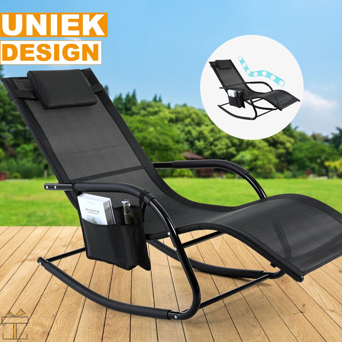 Happyment Ligstoel deluxe - Zonnebed - Strandstoel - Ligbed tuin - Zwart - Tuinstoelen