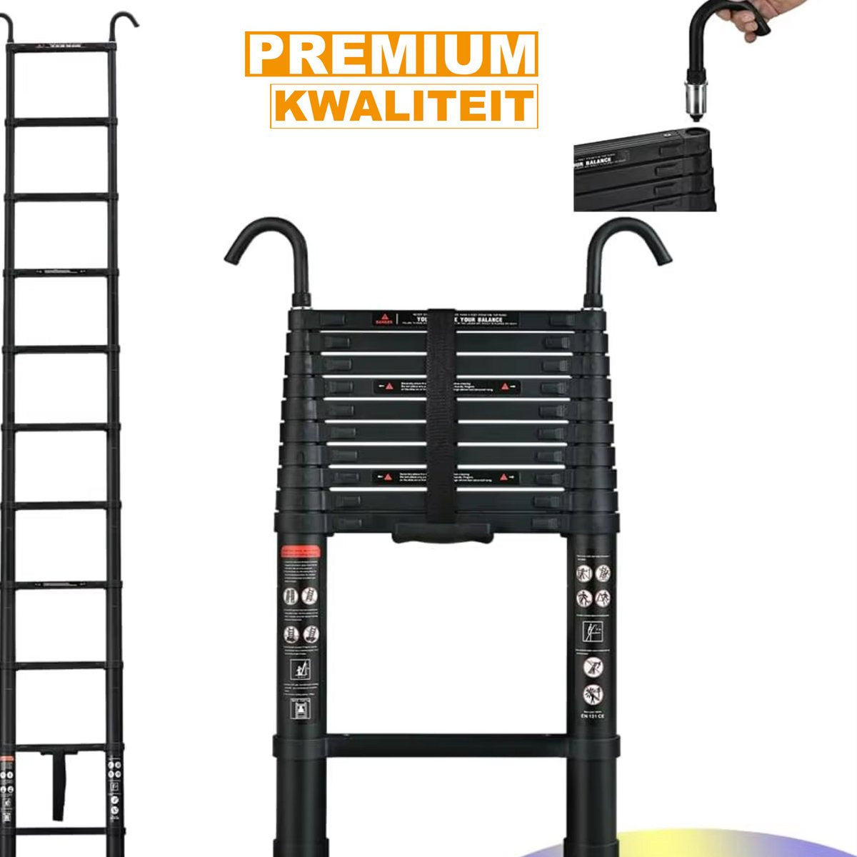 Telescopische Ladder Deluxe - 3,2m Aluminium - Multifunctionele Rechte Ladder met Antislipvoeten en 2 Haken - 150kg Capaciteit