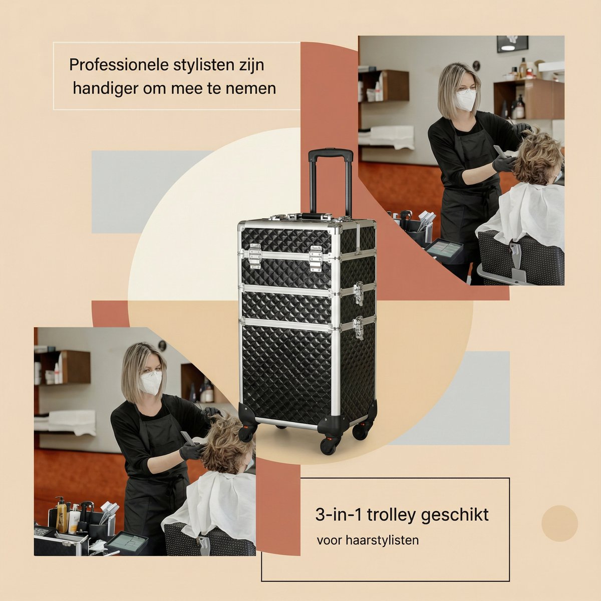 3-in-1 Rollende Make-up Trolley - Make up koffer - Kappers koffer - Beautycase - Voor Schoonheidssalons en visagie - Rose gold