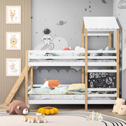 Stapelbed voor kinderen - 90x200 cm - Kinderbedden - Schoolbord - Met Hoektrap, valbeveiliging en raam - Peuterbed - Hoogslaper