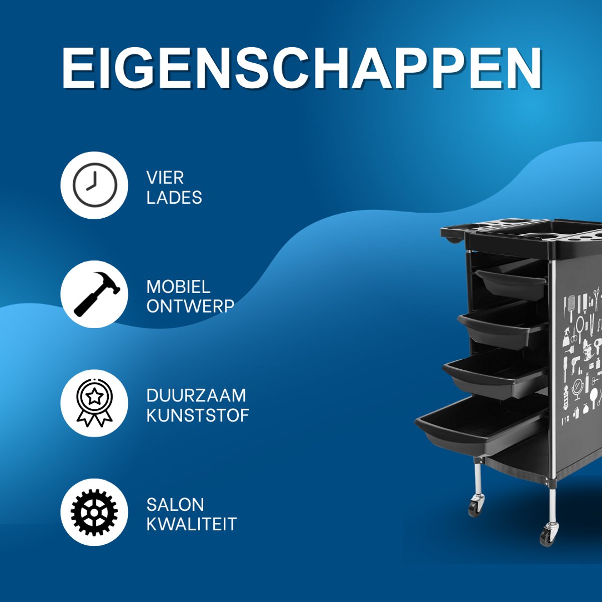 Kappers trolley Vera - Met wielen - Zwart - Voor salons, spa’s en stylisten - Werkwagen
