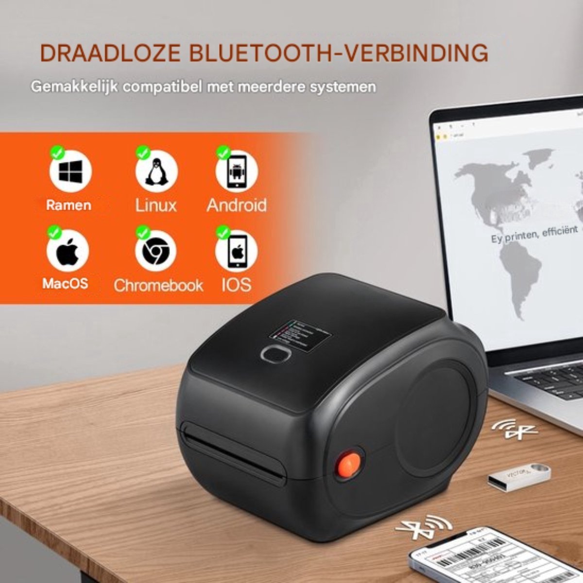 Happyment Thermische Labelprinter PRO - Bluetooth - 60 Label P/m - 300 DPI - Inc Accesoires