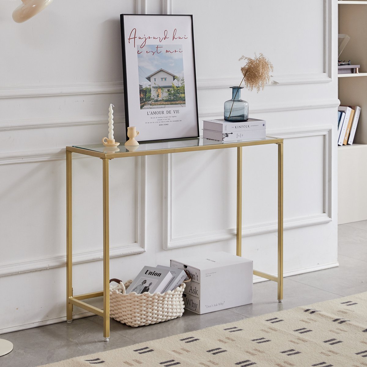 Happyment Console tafel modern - Wandtafel - Transparant goud - Bijzettafel - Haltafel - Sidetable - 100cm