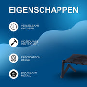 Laptoptafel – Tablethouder - Bedtafel - Laptopstandaard – Voor bureau, bed en bank – Met koelventilator, muismat en ergonomisch design – Zwart / Metaal
