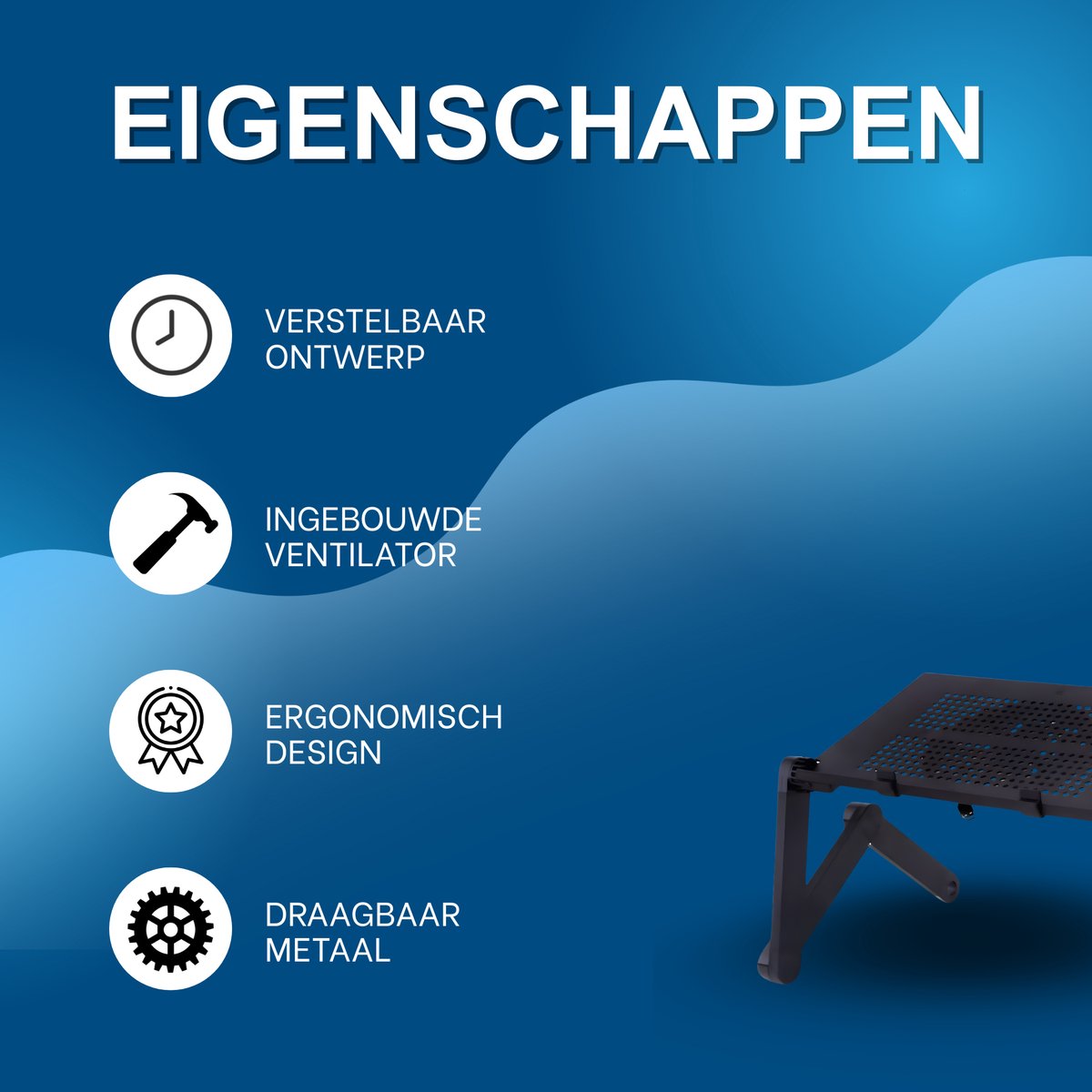 Laptoptafel – Tablethouder - Bedtafel - Laptopstandaard – Voor bureau, bed en bank – Met koelventilator, muismat en ergonomisch design – Zwart / Metaal