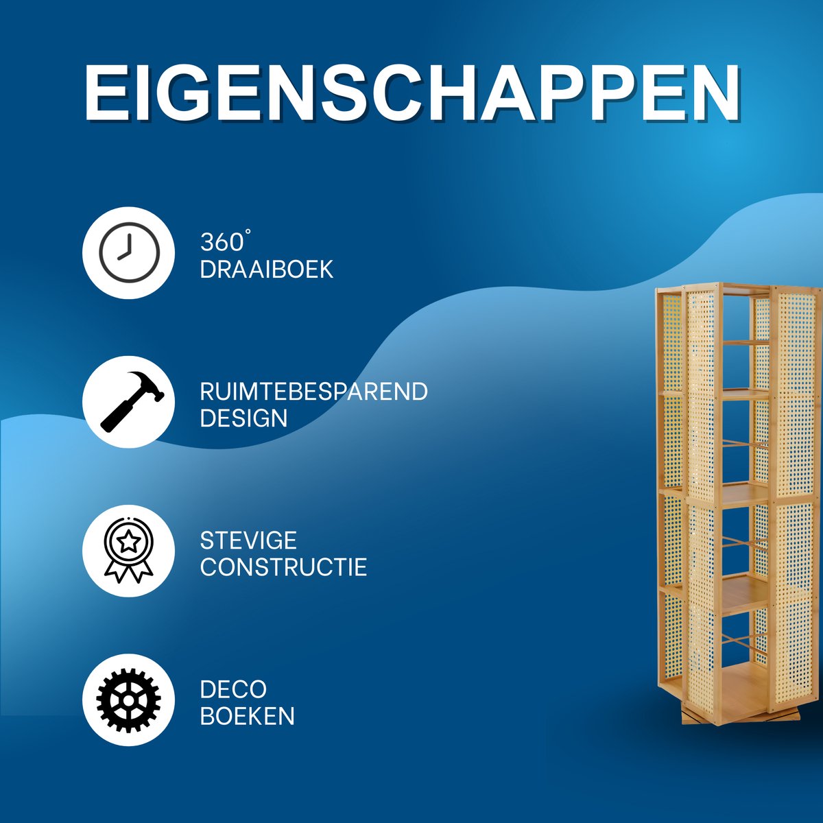 Draaibare boekenkast - Boekenrek - Opberruimte - Voor boekenopslag - Voor boeken en decoratie - 4-laags - 360° draaibaar ontwerp - Wood