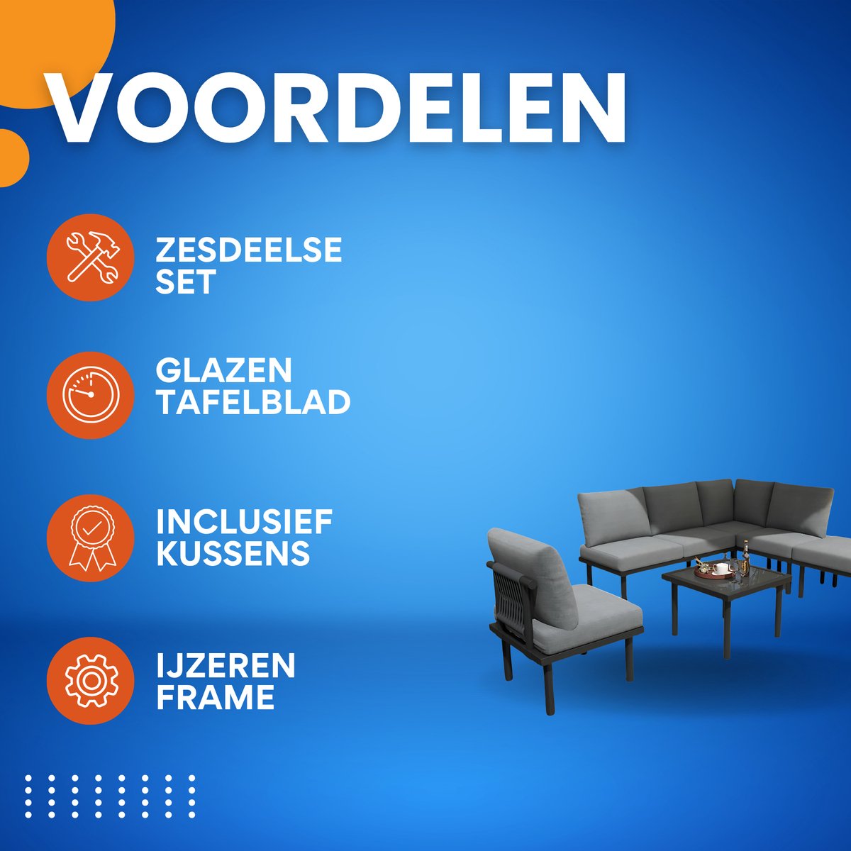 6-delig Tuin Loungeset - Tuinmeubelset - Voor Buiten & Terras - Met Glazen Tafelblad & Kussens - Touwgaas & IJzeren Frame - Grijs