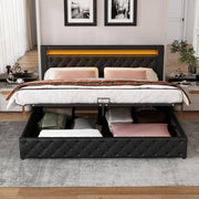 Bed - Tweepersoonsbedden - Tweepersoonsbed - Voor Slaapkamer - Functioneel Tweepersoonsbed met LED-verlichting, Lattenbodem & Opbergruimte - Zwart PU Lee - 160x200