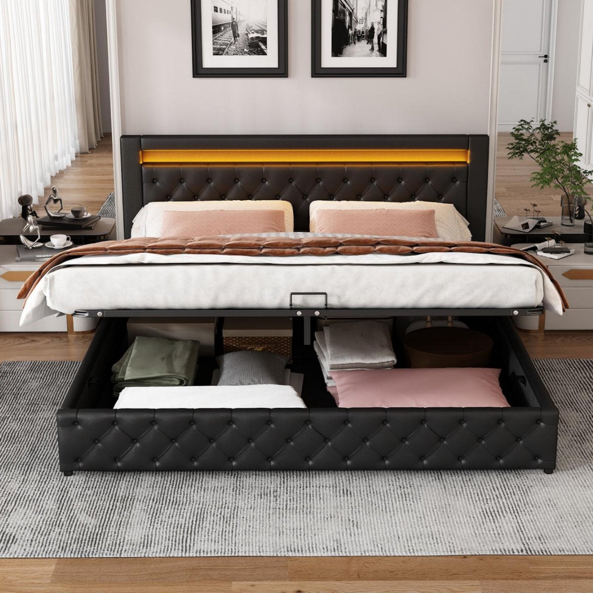 Bed - Tweepersoonsbedden - Tweepersoonsbed - Voor Slaapkamer - Functioneel Tweepersoonsbed met LED-verlichting, Lattenbodem & Opbergruimte - Zwart PU Lee - 160x200