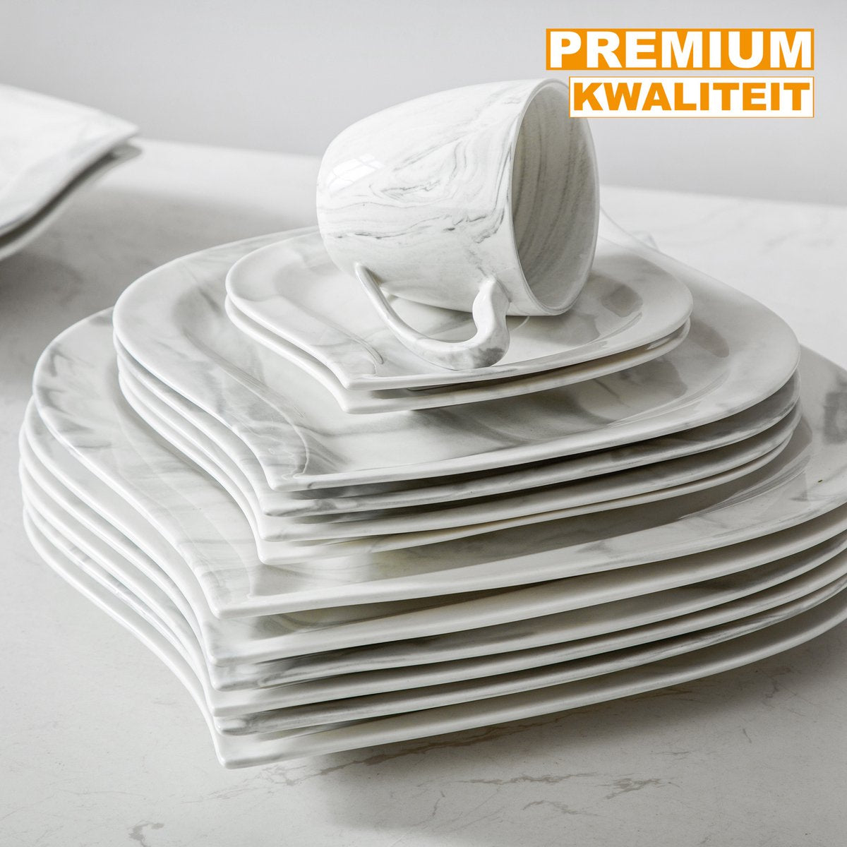 Ornate Bordenset – 6 persoons – 30 delig – Marmerlook Keramisch – Dinerborden – Breakfast Plates