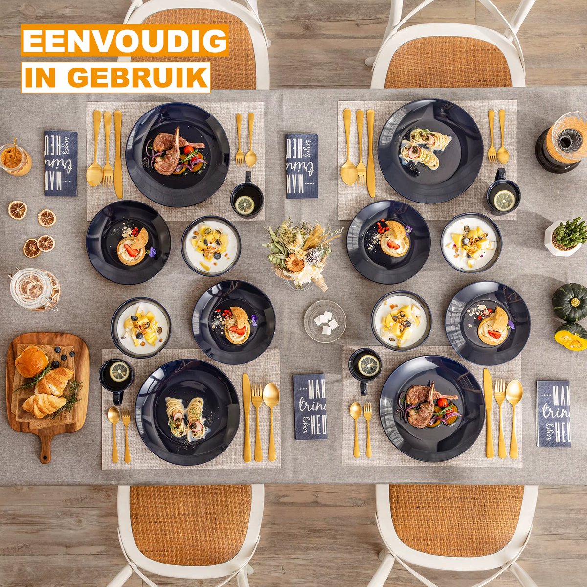Santivo Serviesset - 48 delig - 12 persoons - Donkerblauw - Dinerborden - Bordenset - Diepe borden - Ontbijtborden - Servies - Keukenservies