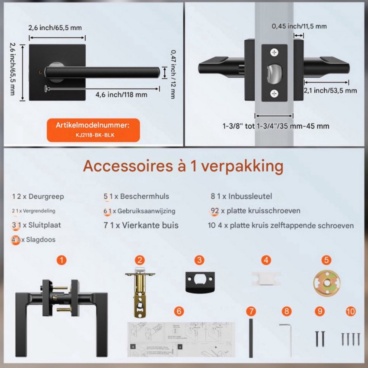 Deurbeslag zwart - 10 delig - Deurklink voor binnen - 35-45 mm Dikte - Zinklegering