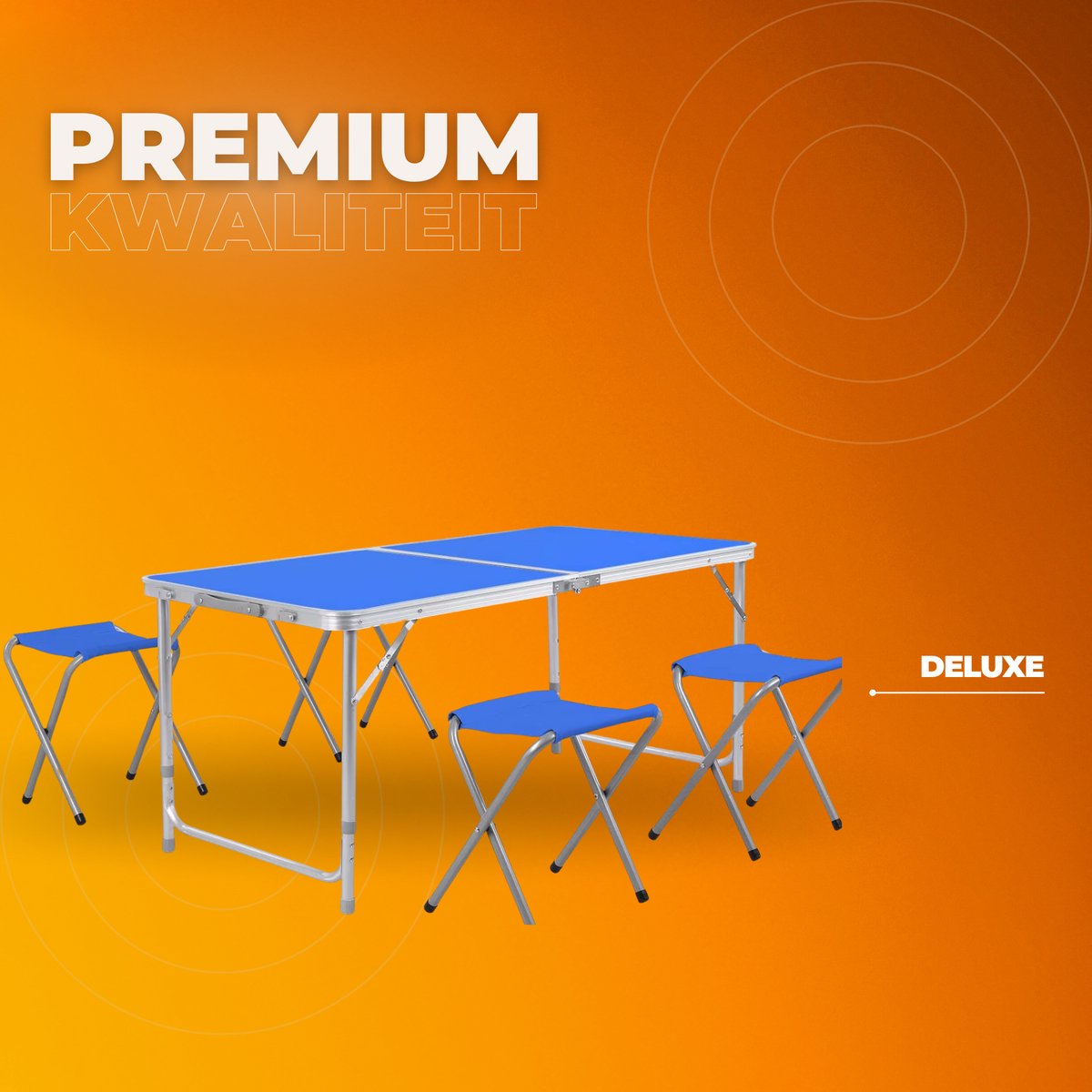 Kampeertafel 5-delig - Opvouwbaar - Klaptafel - Voor Camping en Tuin - Inklapbaar met 4 Krukken - Aluminium 120 cm - Blauw
