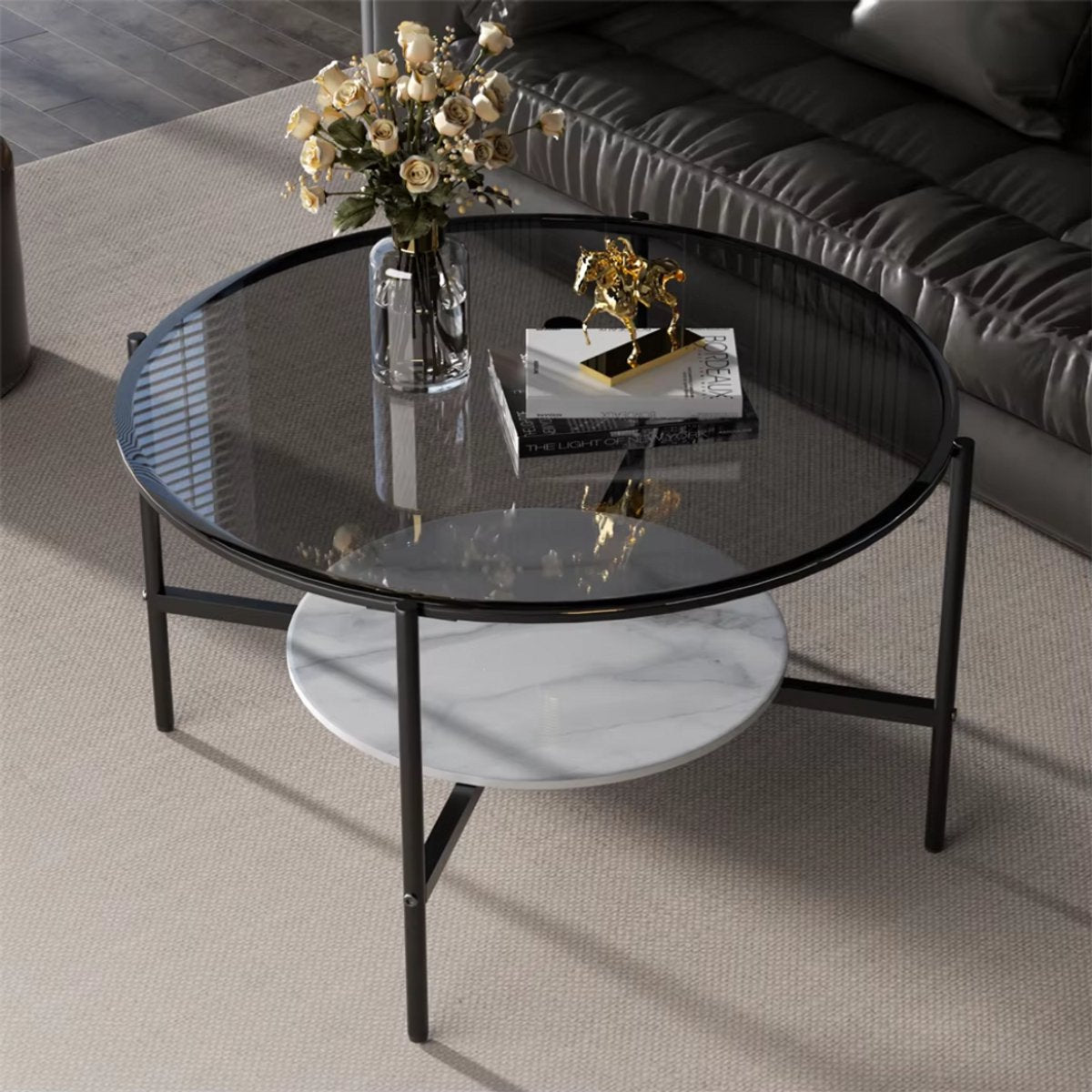 Salontafel Mira - 2-Lagen Glazen Design - Grijs - Glanzend Tafelblad & Leistenen Onderplank - Moderne Luxe Thee- & Bijzettafel voor Woonkamer