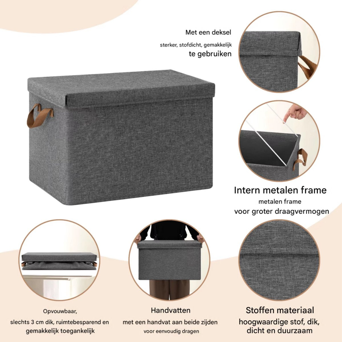 Opbergdozen Set van 3- Voor Kleding, Dekbed of Speelgoed - Opvouwbare Stoffen Opbergmand met Handvat en Deksel - 20L (3pcs)