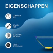 Badmintonnet- Badmintonset - Badmintonrackets- Voor sport en recreatie - Compleet met rackets en shuttlecocks - Geel
