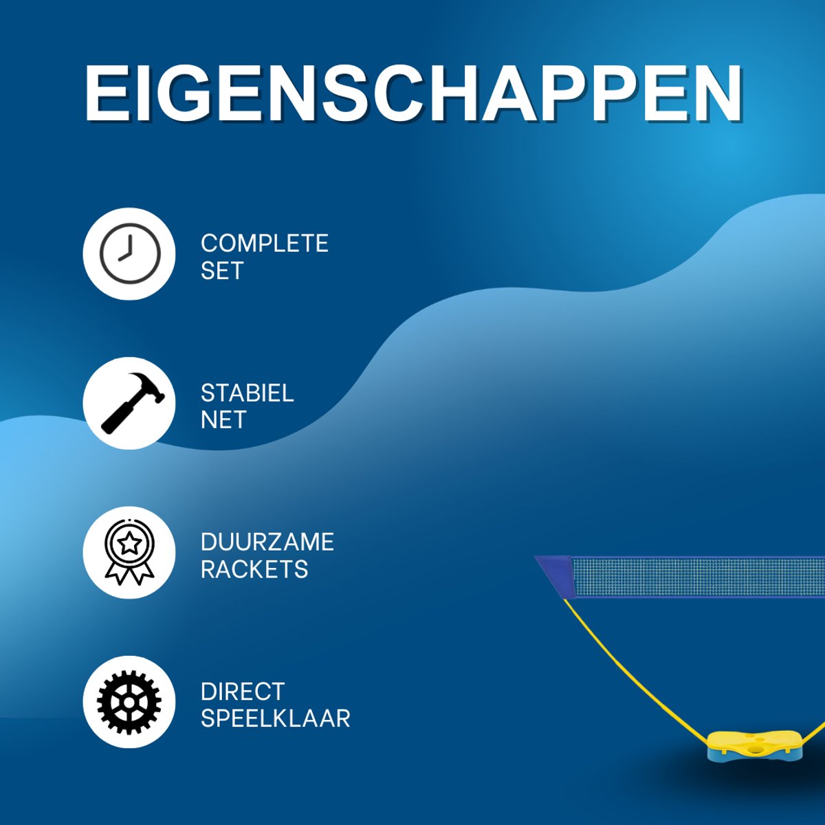 Badmintonnet- Badmintonset - Badmintonrackets- Voor sport en recreatie - Compleet met rackets en shuttlecocks - Geel