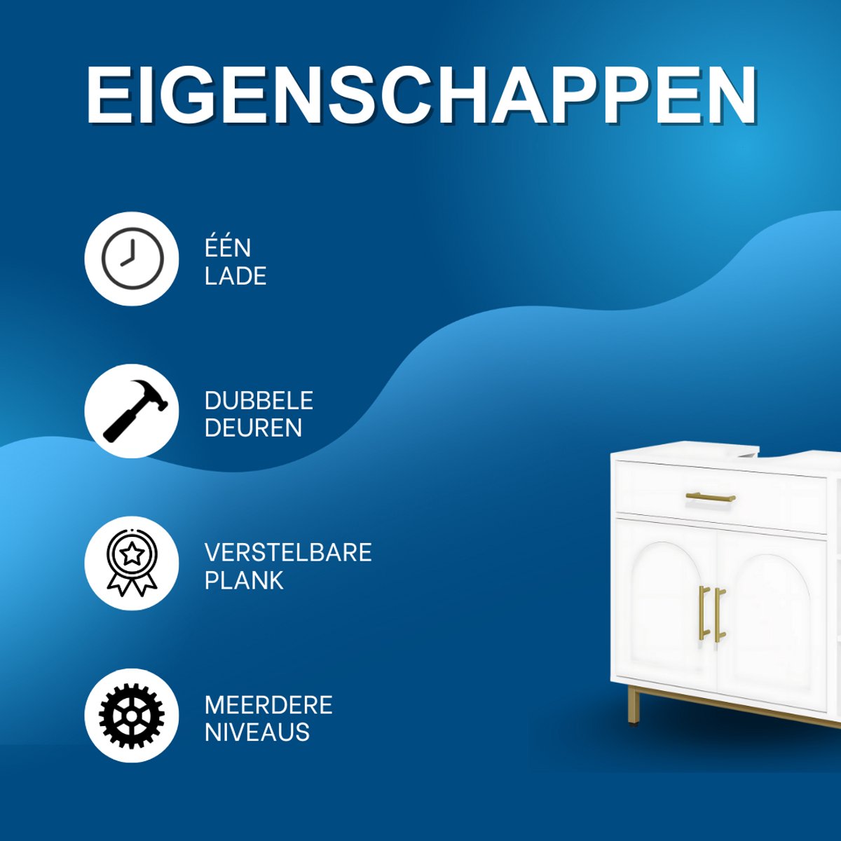 Wastafelkast - Voor Badkameropslag - Kast met 1 Lade, 2 Deuren en Open Compartiment met 3 Niveaus - Verstelbare Plank in Wit