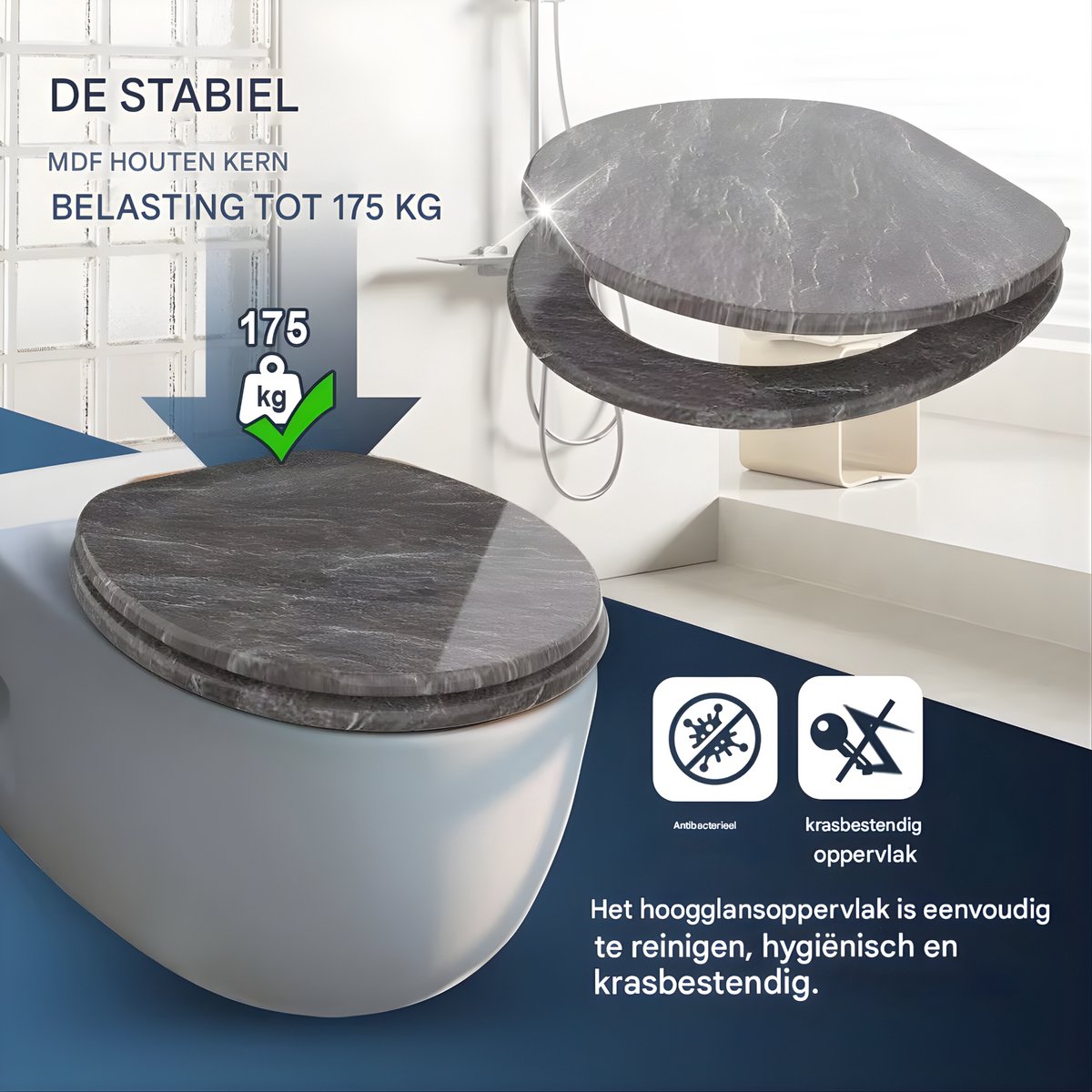 WC-bril - Toiletbril - Voor Toilet & Badkamer – Soft-Close - Duurzaam Kunststof - Met marmerlook