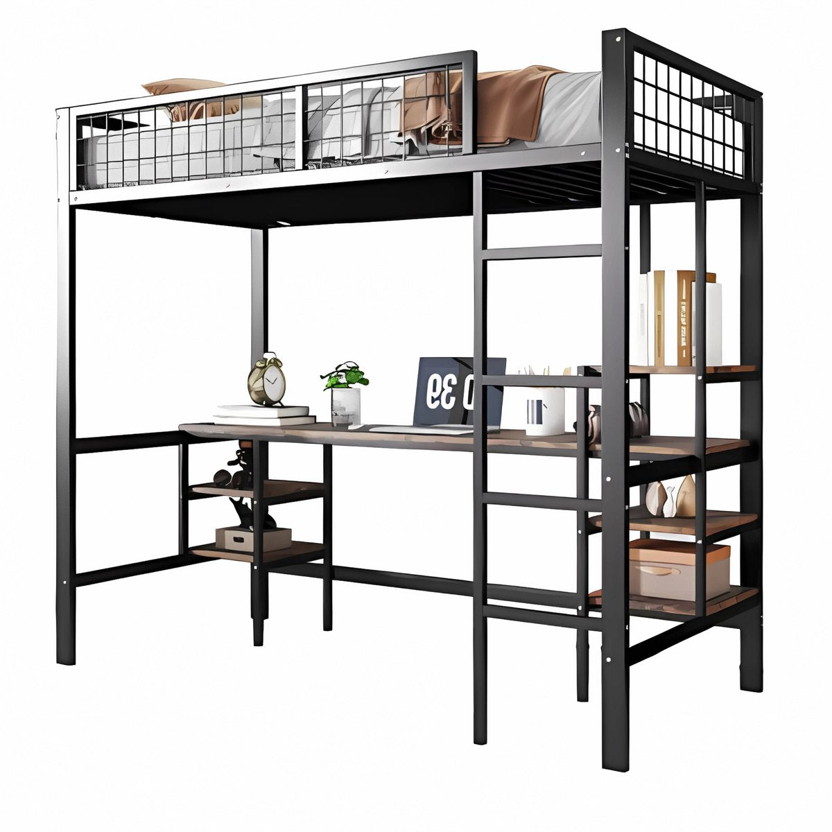 Luxe hoogslaper Retro - Voor kinderen - 90x200 cm - Met bureau - Kinderbed - stapelbed - Met Hoektrap, valbeveiliging en raam - Peuterbed