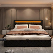 Bed - Tweepersoonsbedden - Tweepersoonsbed - Voor Slaapkamer - Functioneel Tweepersoonsbed met LED-verlichting, Lattenbodem & Opbergruimte - Zwart PU Lee - 160x200