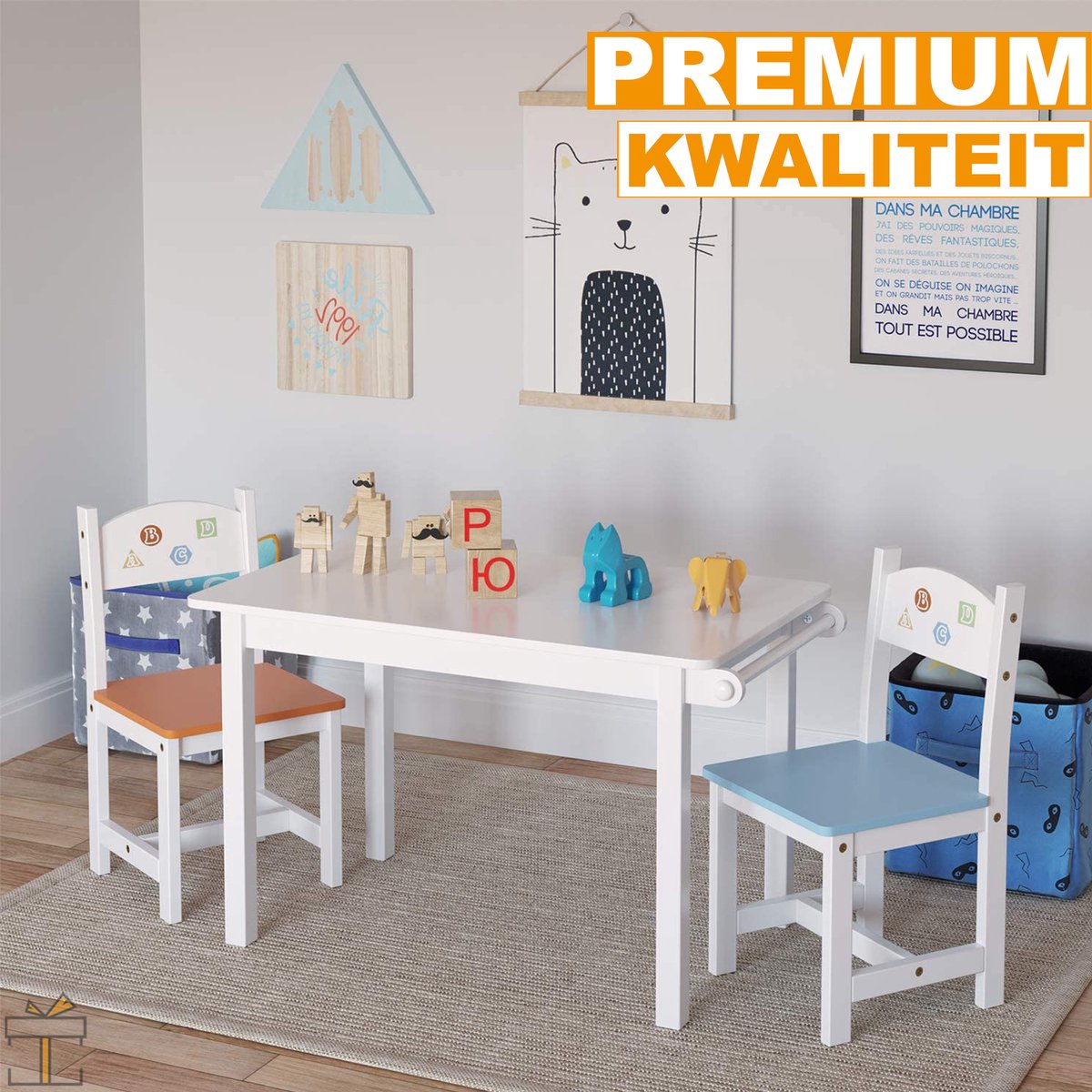 Happyment Kindertafel en 2 Stoeltjes - Kindermeubel - Speeltafel - Kinderbureau - Wit, blauw, oranje