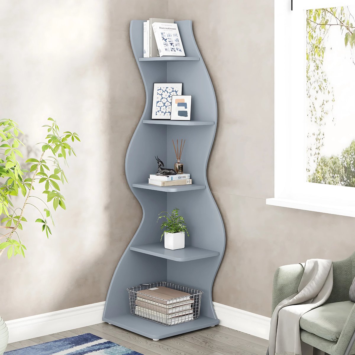Moderne boekenkast 5 lagen - Blauw - Boekenrek - Woonkamer, slaapkamer en kinderkamer - Hout - 180cm