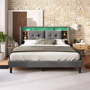 Bed - Tweepersoonsbedden - Tweepersoonsbed - Voor Slaapkamer - Met Opbergruimte, Hoofdeinde met USB-oplaadpunt & LED-verlichting - Bedrek & Houten Lattenbodem - Donkergrijs - 160x200 cm