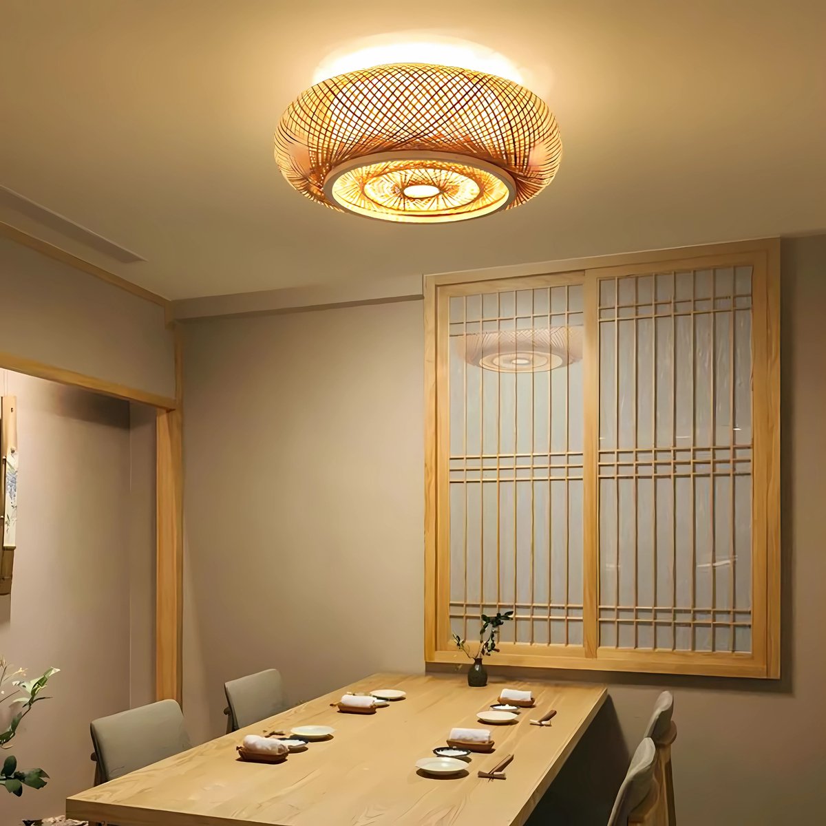 Plafondlamp - Lampen - Plafondverlichting -- Voor Woonkamers, Slaapkamers of Hal - Met 3 Lichten - Bamboe en Rotan - 50cm