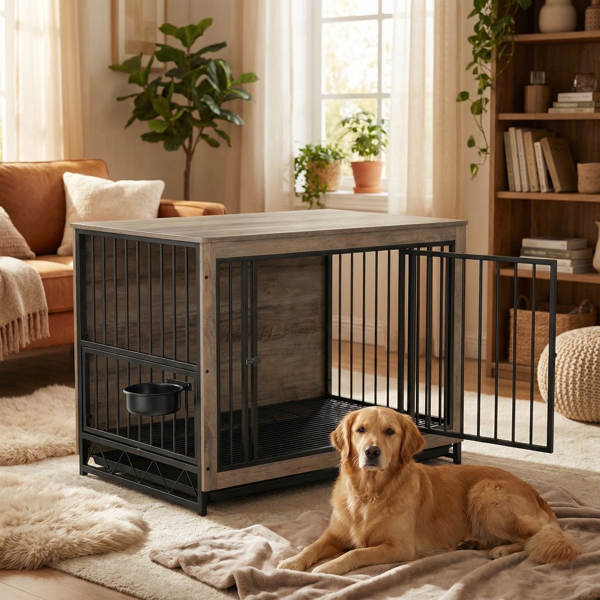Houten Hondenbenche - Hondenren - Hondenkrat Bijzettafel met Afneembare Kommen en Dienblad - Dubbele Deuren Hondenkennel voor Middelgrote Honden Binnen - 100 x 68 x 64 cm - Grijs