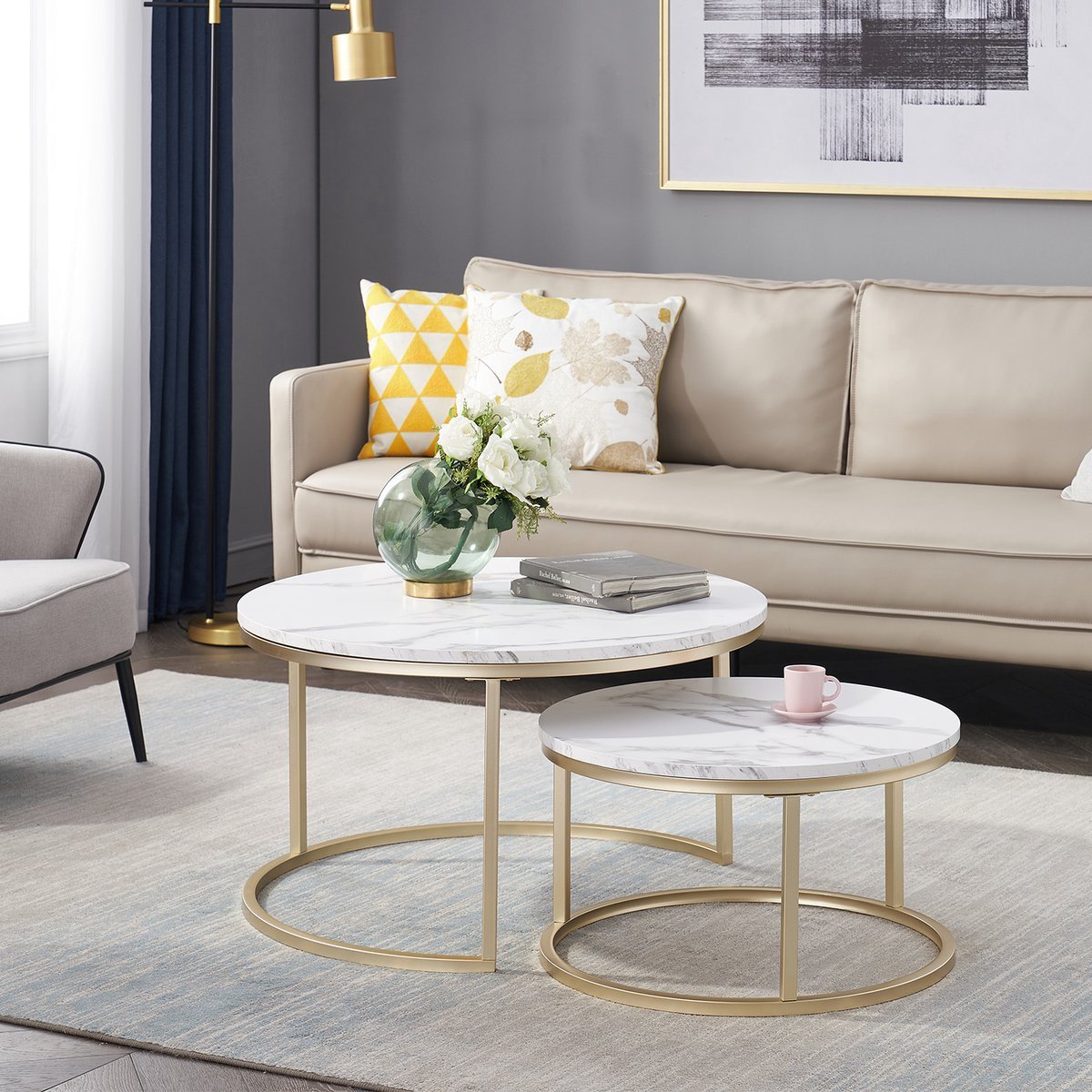 Bolt Edge Salontafel - Wit/Goud - Marmour look - Rond - Set van 2 - 80 en 60cm