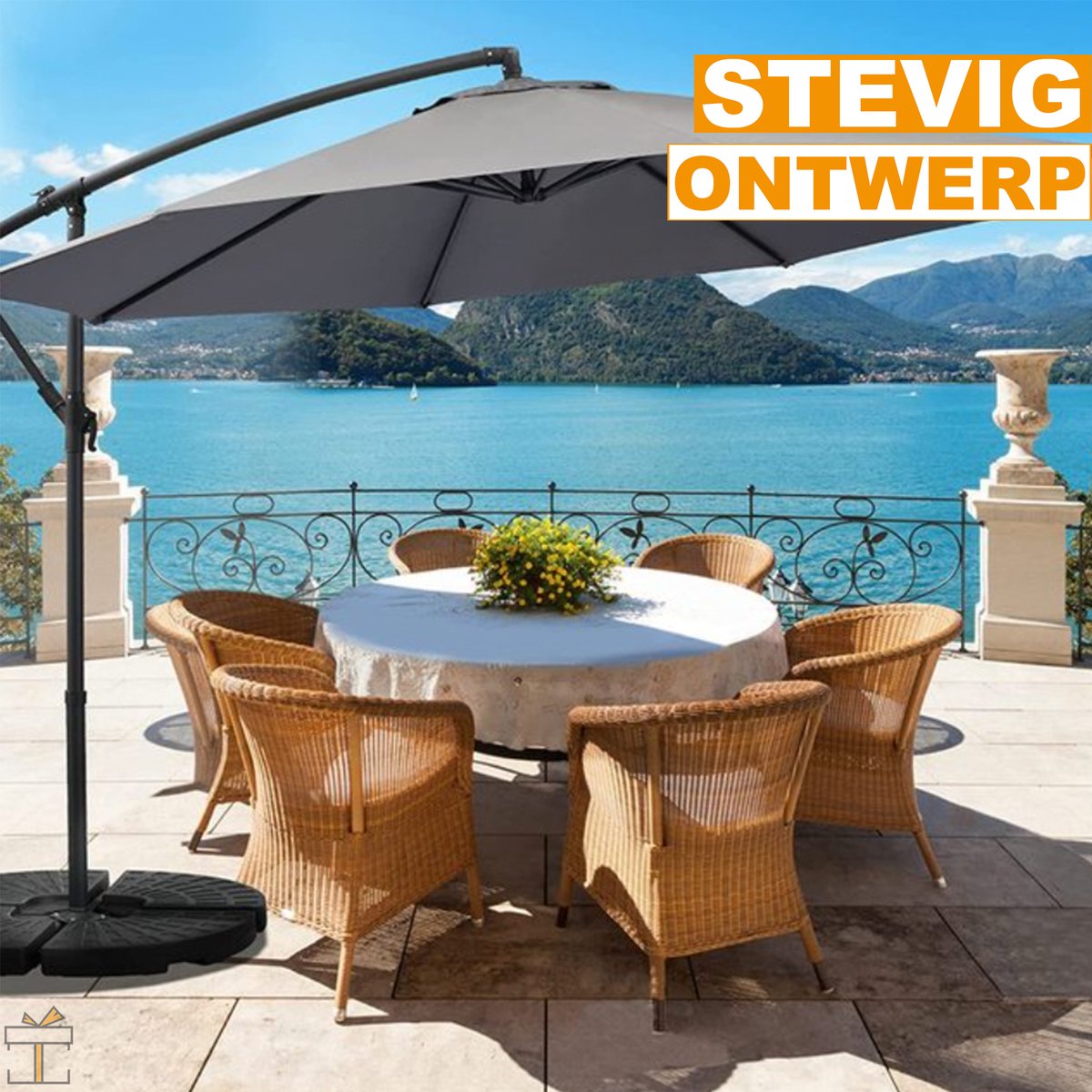 Happyment Zweefparasol deluxe - Langwerpig - Zonder voet - Grijs - Terras of tuin - 300cm