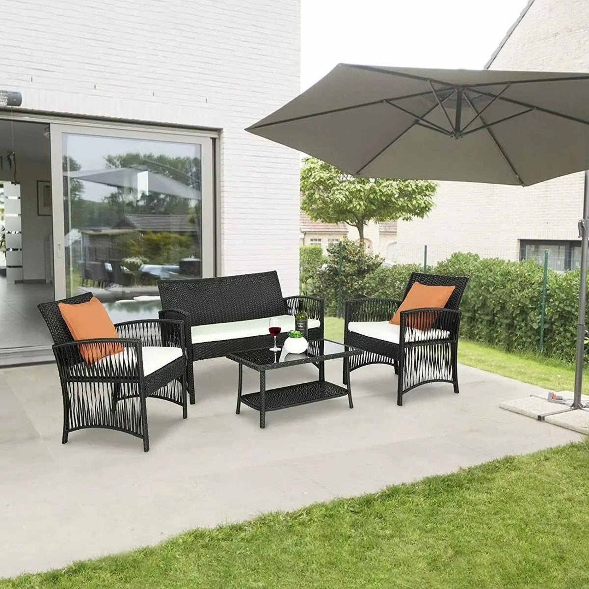 Rotan Tuinmeubelen Set - Voor Buiten en Balkon - 4 Stuks - Rotan Patio Meubelen - Weven Rieten Sofa Set met Kussens en Glazen Tafel - Zwart