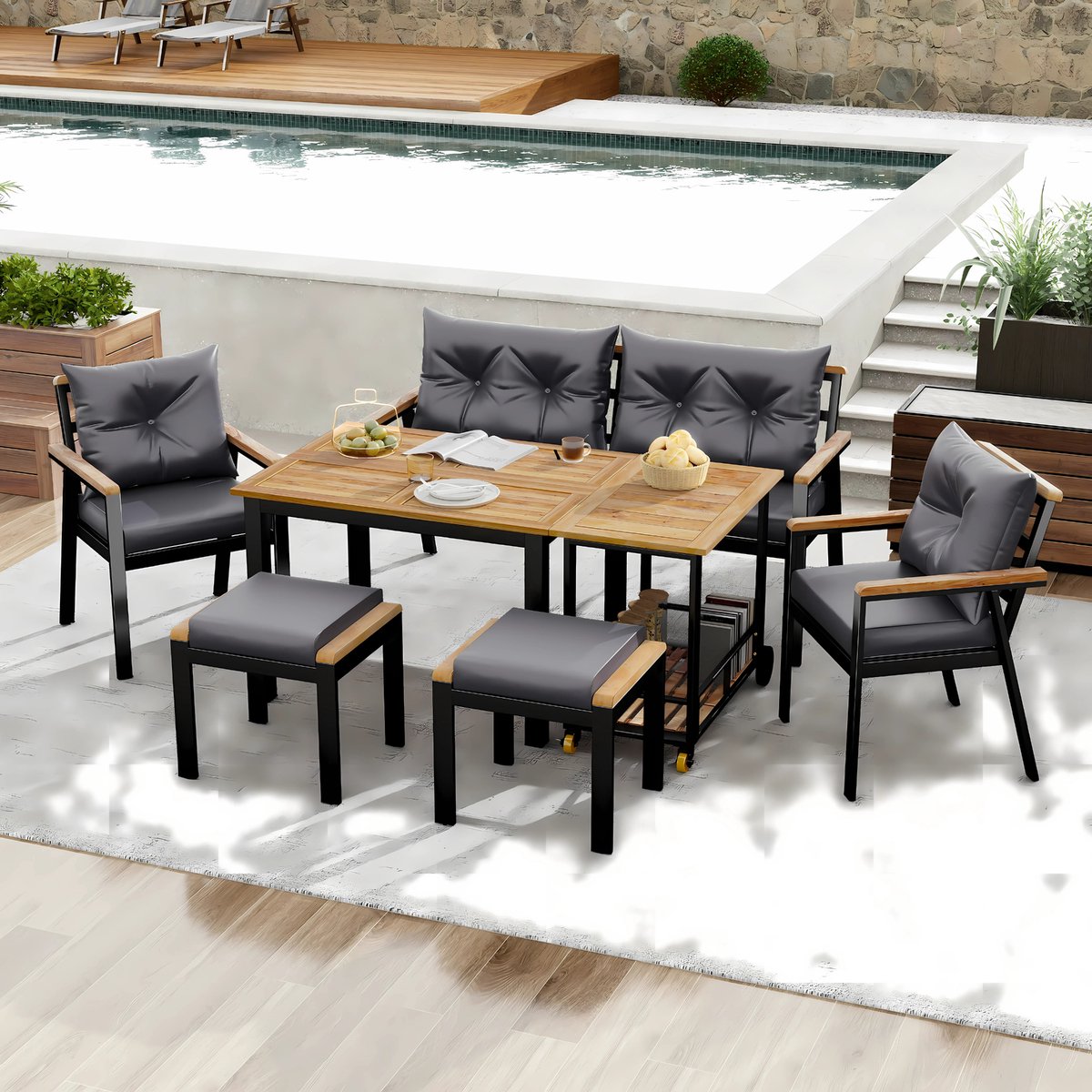 Eettafelset -Tuinmeubelset - Loungeset - Tuinlounge Lounge Set - Lounge Set - Voor Tuin of Terras - Tuinmeubelen voor 6-7 Personen met Fauteuils & Eetkar - Afneembare en Wasbare Hoezen