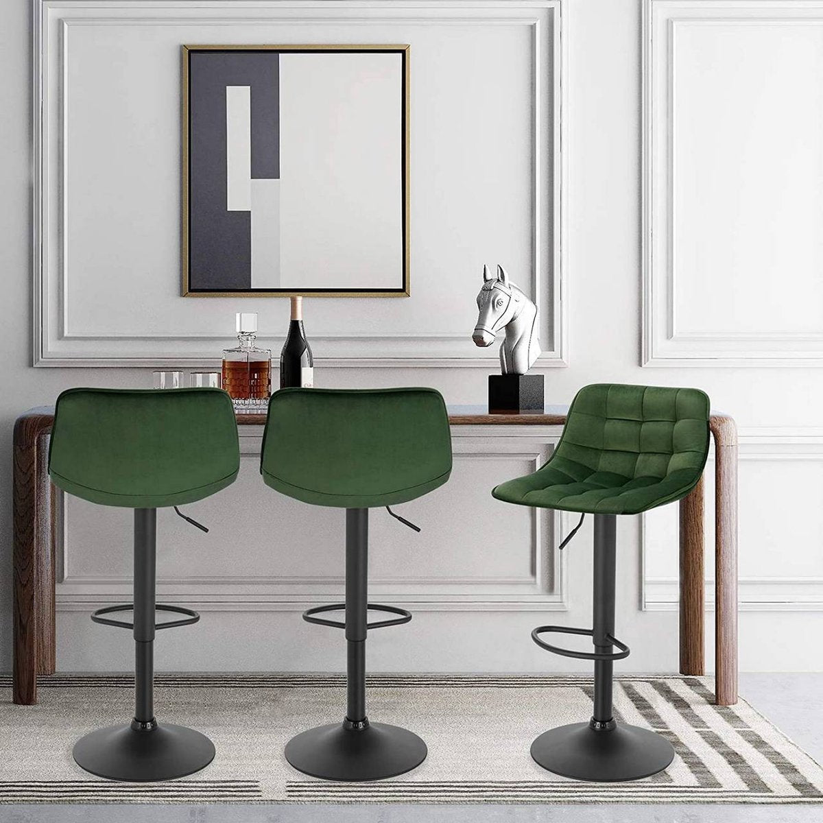 Velvet Barkrukken Lozi - In hoogte verstelbaar - Met rugleuning - Set van 2 - Donkergroen - Barstoelen ergonomisch - Keuken en bar - Zithoogte 59-81cm