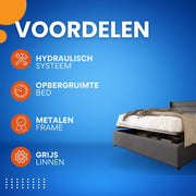 Bed - Opbergbed - Opbergruimte - met Hydraulisch Systeem - Voor Slaapkamer - met Houten Lattenbodem & Metalen Frame - Grijs Linnen - 140x200 cm