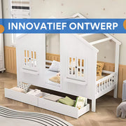 Kinderbed 90x200 cm - Met 2 lades - Huisbed - Voor Kinderen - Peuterbed - Met lattenbodem - Zonder matras