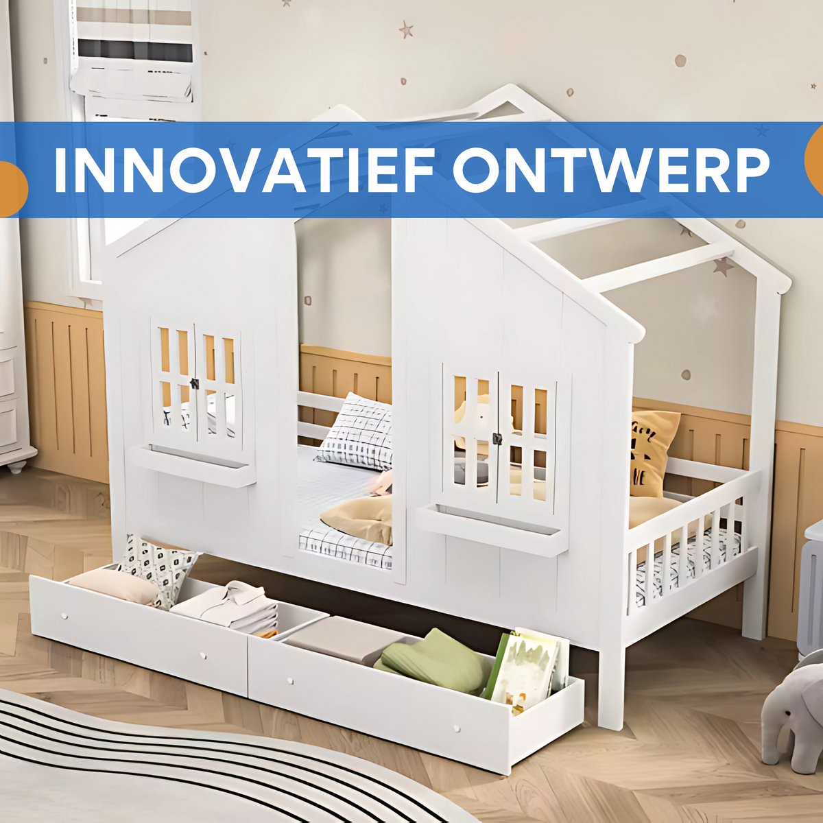 Kinderbed 90x200 cm - Met 2 lades - Huisbed - Voor Kinderen - Peuterbed - Met lattenbodem - Zonder matras