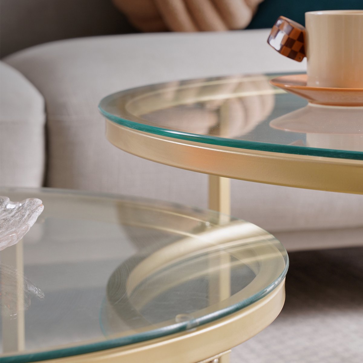 Happyment Moderne Salontafel - Set van 2 - Landelijk - Woonkamer - Rond - Glas goud - 60 en 40cm