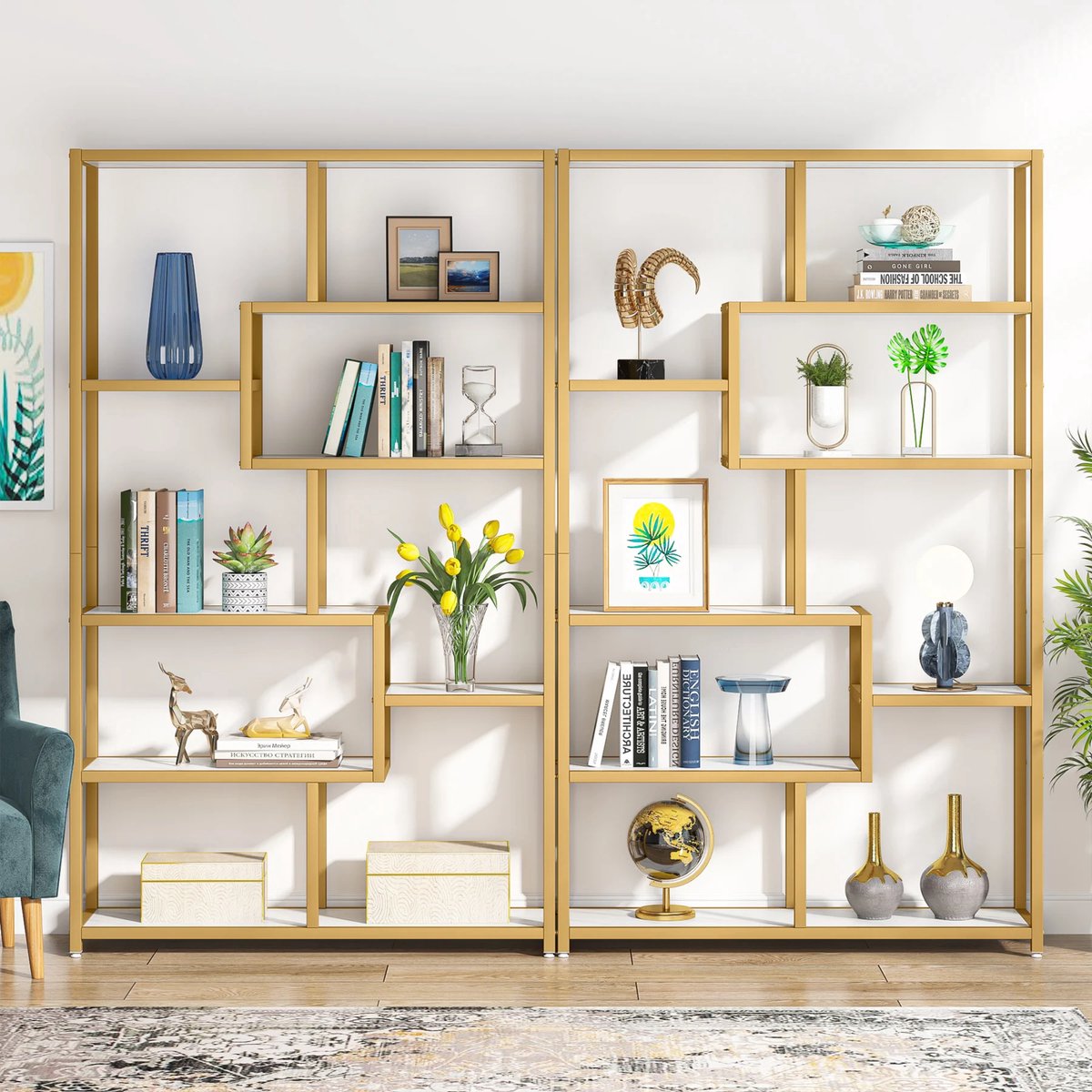 Boekenkast Aravon - 8 Lagen - Boekenrek Metaal - Goud en Marmerlook - Voor Woonkamer