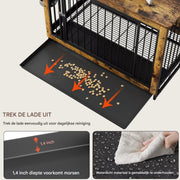 Houten Hondenbenche - Hondenren - Hondenkrat Bijzettafel met Afneembare Kommen en Dienblad - Dubbele Deuren Hondenkennel voor Middelgrote Honden Binnen - 99 x 63 x 72 cm - Bruin